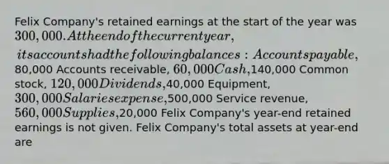 Felix Company's retained earnings at the start of the year was 300,000. At the end of the current year, its accounts had the following balances: Accounts payable,80,000 Accounts receivable, 60,000 Cash,140,000 Common stock, 120,000 Dividends,40,000 Equipment, 300,000 Salaries expense,500,000 Service revenue, 560,000 Supplies,20,000 Felix Company's year-end retained earnings is not given. Felix Company's total assets at year-end are