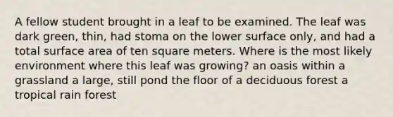 A fellow student brought in a leaf to be examined. The leaf was dark green, thin, had stoma on the lower surface only, and had a total <a href='https://www.questionai.com/knowledge/kEtsSAPENL-surface-area' class='anchor-knowledge'>surface area</a> of ten square meters. Where is the most likely environment where this leaf was growing? an oasis within a grassland a large, still pond the floor of a deciduous forest a tropical rain forest