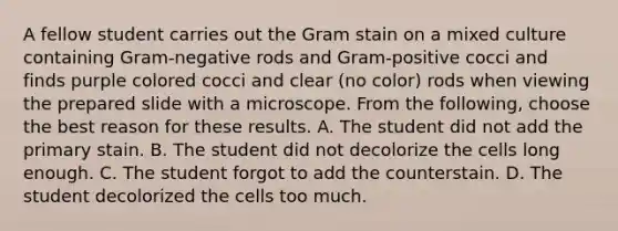 A fellow student carries out the Gram stain on a mixed culture containing Gram-negative rods and Gram-positive cocci and finds purple colored cocci and clear (no color) rods when viewing the prepared slide with a microscope. From the following, choose the best reason for these results. A. The student did not add the primary stain. B. The student did not decolorize the cells long enough. C. The student forgot to add the counterstain. D. The student decolorized the cells too much.