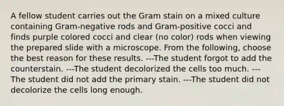 A fellow student carries out the Gram stain on a mixed culture containing Gram-negative rods and Gram-positive cocci and finds purple colored cocci and clear (no color) rods when viewing the prepared slide with a microscope. From the following, choose the best reason for these results. ---The student forgot to add the counterstain. ---The student decolorized the cells too much. ---The student did not add the primary stain. ---The student did not decolorize the cells long enough.