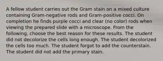 A fellow student carries out the Gram stain on a mixed culture containing Gram-negative rods and Gram-positive cocci. On completion he finds purple cocci and clear (no color) rods when viewing the prepared slide with a microscope. From the following, choose the best reason for these results. The student did not decolorize the cells long enough. The student decolorized the cells too much. The student forgot to add the counterstain. The student did not add the primary stain.