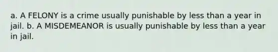 a. A FELONY is a crime usually punishable by less than a year in jail. b. A MISDEMEANOR is usually punishable by less than a year in jail.