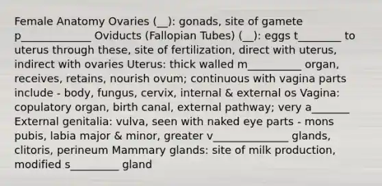 Female Anatomy Ovaries (__): gonads, site of gamete p_____________ Oviducts (Fallopian Tubes) (__): eggs t________ to uterus through these, site of fertilization, direct with uterus, indirect with ovaries Uterus: thick walled m__________ organ, receives, retains, nourish ovum; continuous with vagina parts include - body, fungus, cervix, internal & external os Vagina: copulatory organ, birth canal, external pathway; very a_______ External genitalia: vulva, seen with naked eye parts - mons pubis, labia major & minor, greater v______________ glands, clitoris, perineum Mammary glands: site of milk production, modified s_________ gland