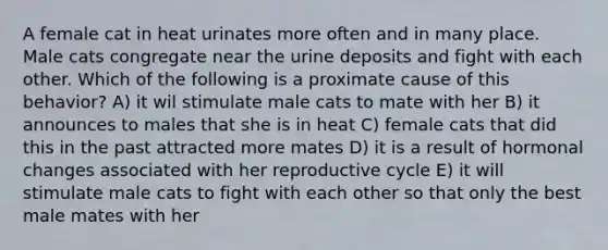 A female cat in heat urinates more often and in many place. Male cats congregate near the urine deposits and fight with each other. Which of the following is a proximate cause of this behavior? A) it wil stimulate male cats to mate with her B) it announces to males that she is in heat C) female cats that did this in the past attracted more mates D) it is a result of hormonal changes associated with her reproductive cycle E) it will stimulate male cats to fight with each other so that only the best male mates with her