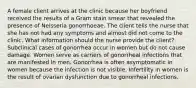 A female client arrives at the clinic because her boyfriend received the results of a Gram stain smear that revealed the presence of Neisseria gonorrhoeae. The client tells the nurse that she has not had any symptoms and almost did not come to the clinic. What information should the nurse provide the client? Subclinical cases of gonorrhea occur in women but do not cause damage. Women serve as carriers of gonorrheal infections that are manifested in men. Gonorrhea is often asymptomatic in women because the infection is not visible. Infertility in women is the result of ovarian dysfunction due to gonorrheal infections.