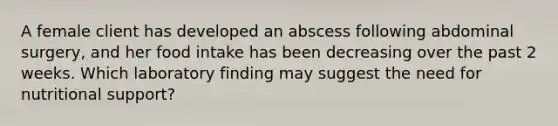 A female client has developed an abscess following abdominal surgery, and her food intake has been decreasing over the past 2 weeks. Which laboratory finding may suggest the need for nutritional support?