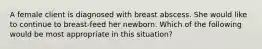 A female client is diagnosed with breast abscess. She would like to continue to breast-feed her newborn. Which of the following would be most appropriate in this situation?