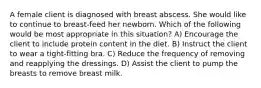 A female client is diagnosed with breast abscess. She would like to continue to breast-feed her newborn. Which of the following would be most appropriate in this situation? A) Encourage the client to include protein content in the diet. B) Instruct the client to wear a tight-fitting bra. C) Reduce the frequency of removing and reapplying the dressings. D) Assist the client to pump the breasts to remove breast milk.