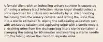 A female client with an indwelling urinary catheter is suspected of having a urinary tract infection. Nurse Angel should collect a urine specimen for culture and sensitivity by: a. disconnecting the tubing from the urinary catheter and letting the urine flow into a sterile container. b. wiping the self-sealing aspiration port with antiseptic solution and aspirating urine with a sterile needle c. draining urine from the drainage bag into a sterile container d. clamping the tubing for 60 minutes and inserting a sterile needle into the tubing above the clamp to aspirate urine.