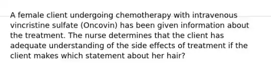 A female client undergoing chemotherapy with intravenous vincristine sulfate (Oncovin) has been given information about the treatment. The nurse determines that the client has adequate understanding of the side effects of treatment if the client makes which statement about her hair?