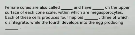 Female cones are also called ______ and have ______ on the upper surface of each cone scale, within which are megasporocytes. Each of these cells produces four haploid _______ , three of which disintegrate, while the fourth develops into the egg producing _______ .