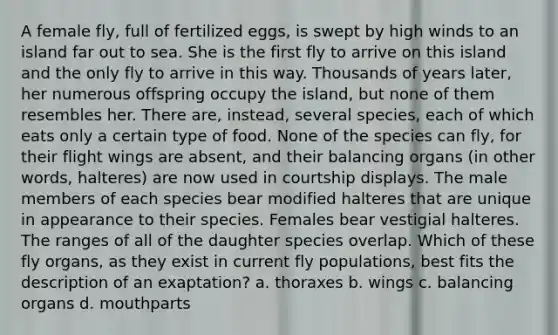 A female fly, full of fertilized eggs, is swept by high winds to an island far out to sea. She is the first fly to arrive on this island and the only fly to arrive in this way. Thousands of years later, her numerous offspring occupy the island, but none of them resembles her. There are, instead, several species, each of which eats only a certain type of food. None of the species can fly, for their flight wings are absent, and their balancing organs (in other words, halteres) are now used in courtship displays. The male members of each species bear modified halteres that are unique in appearance to their species. Females bear vestigial halteres. The ranges of all of the daughter species overlap. Which of these fly organs, as they exist in current fly populations, best fits the description of an exaptation? a. thoraxes b. wings c. balancing organs d. mouthparts