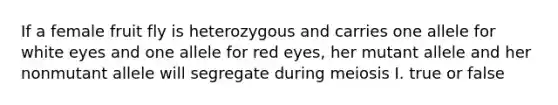 If a female fruit fly is heterozygous and carries one allele for white eyes and one allele for red eyes, her mutant allele and her nonmutant allele will segregate during meiosis I. true or false