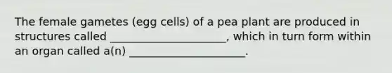 The female gametes (egg cells) of a pea plant are produced in structures called _____________________, which in turn form within an organ called a(n) _____________________.