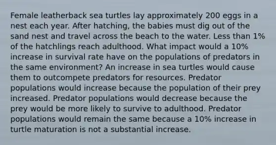 Female leatherback sea turtles lay approximately 200 eggs in a nest each year. After hatching, the babies must dig out of the sand nest and travel across the beach to the water. Less than 1% of the hatchlings reach adulthood. What impact would a 10% increase in survival rate have on the populations of predators in the same environment? An increase in sea turtles would cause them to outcompete predators for resources. Predator populations would increase because the population of their prey increased. Predator populations would decrease because the prey would be more likely to survive to adulthood. Predator populations would remain the same because a 10% increase in turtle maturation is not a substantial increase.