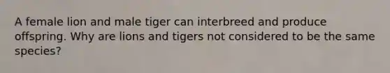 A female lion and male tiger can interbreed and produce offspring. Why are lions and tigers not considered to be the same species?