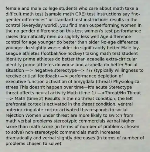 female and male college students who care about math take a difficult math test (sample math GRE) test instructions say "no-gender differences" or standard test instructions results in the control (everyday world), you find men outperforming women in the no gender difference on this test women's test performance raises dramatically men do slightly less well Age difference control for age younger do better than older No-age difference younger do slightly worse older do significantly better Male Ivy-League athletes (football/ice-hockey) taking math test student identity prime athletes do better than acapella extra-cirricular identity prime athletes do worse and acapella do better Social situation —> negative stereotype—> ??? (typically willingness to receive critical feedback) —> performance depletion of executive function activation of amygdala (threat) Physiological stress This doesn't happen over time—it's acute Stereotype threat affects neural activity Math (time 1) —>Threat/No Threat—> Math (time 2) Results in the no threat condition, the left prefrontal cortex is activated in the threat condition, ventral anterior cingulate cortex activated this responds to social rejection Women under threat are more likely to switch from math verbal problems stereotypic commercials verbal higher score than math score (in terms of number of problems chosen to solve) non-stereotypic commercials math increases dramatically and verbal slightly decreases (in terms of number of problems chosen to solve)