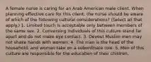 A female nurse is caring for an Arab American male client. When planning effective care for this client, the nurse should be aware of which of the following cultural considerations? (Select all that apply.) 1. Limited touch is acceptable only between members of the same sex. 2. Conversing individuals of this culture stand far apart and do not make eye contact. 3. Devout Muslim men may not shake hands with women. 4. The man is the head of the household, and women take on a subordinate role. 5. Men of this culture are responsible for the education of their children.