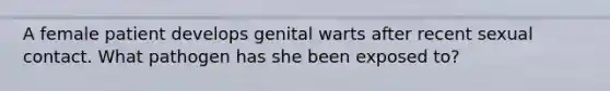 A female patient develops genital warts after recent sexual contact. What pathogen has she been exposed to?