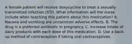 A female patient will receive doxycycline to treat a sexually transmitted infection (STI). What information will the nurse include when teaching this patient about this medication? A. Nausea and vomiting are uncommon adverse effects. B. The drug is a preferred antibiotic in pregnancy. C. Increase intake of dairy products with each dose of this medication. D. Use a back-up method of contraception if taking oral contraceptives.