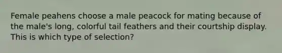 Female peahens choose a male peacock for mating because of the male's long, colorful tail feathers and their courtship display. This is which type of selection?