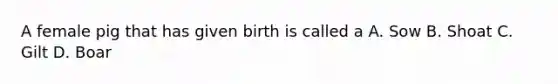 A female pig that has given birth is called a A. Sow B. Shoat C. Gilt D. Boar