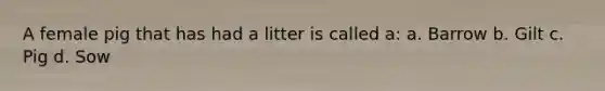 A female pig that has had a litter is called a: a. Barrow b. Gilt c. Pig d. Sow