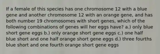 If a female of this species has one chromosome 12 with a blue gene and another chromosome 12 with an orange gene, and has both number 19 chromosomes with short genes, which of the following combinations of genes will her eggs have? a.) only blue short gene eggs b.) only orange short gene eggs c.) one half blue short and one half orange short gene eggs d.) three fourths blue short and one fourth orange short gene eggs