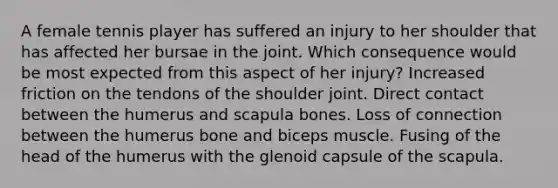 A female tennis player has suffered an injury to her shoulder that has affected her bursae in the joint. Which consequence would be most expected from this aspect of her injury? Increased friction on the tendons of the shoulder joint. Direct contact between the humerus and scapula bones. Loss of connection between the humerus bone and biceps muscle. Fusing of the head of the humerus with the glenoid capsule of the scapula.