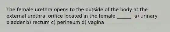 The female urethra opens to the outside of the body at the external urethral orifice located in the female ______. a) urinary bladder b) rectum c) perineum d) vagina