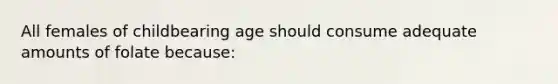 All females of childbearing age should consume adequate amounts of folate because: