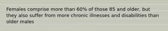 Females comprise more than 60% of those 85 and older, but they also suffer from more chronic illnesses and disabilities than older males