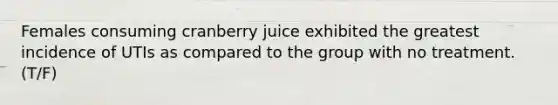 Females consuming cranberry juice exhibited the greatest incidence of UTIs as compared to the group with no treatment. (T/F)