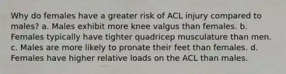 Why do females have a greater risk of ACL injury compared to males? a. Males exhibit more knee valgus than females. b. Females typically have tighter quadricep musculature than men. c. Males are more likely to pronate their feet than females. d. Females have higher relative loads on the ACL than males.