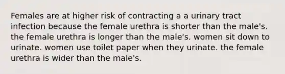 Females are at higher risk of contracting a a urinary tract infection because the female urethra is shorter than the male's. the female urethra is longer than the male's. women sit down to urinate. women use toilet paper when they urinate. the female urethra is wider than the male's.