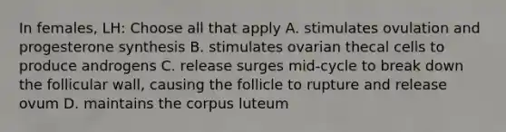 In females, LH: Choose all that apply A. stimulates ovulation and progesterone synthesis B. stimulates ovarian thecal cells to produce androgens C. release surges mid-cycle to break down the follicular wall, causing the follicle to rupture and release ovum D. maintains the corpus luteum