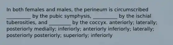 In both females and males, the perineum is circumscribed __________ by the pubic symphysis, __________ by the ischial tuberosities, and _________ by the coccyx. anteriorly; laterally; posteriorly medially; inferiorly; anteriorly inferiorly; laterally; posteriorly posteriorly; superiorly; inferiorly