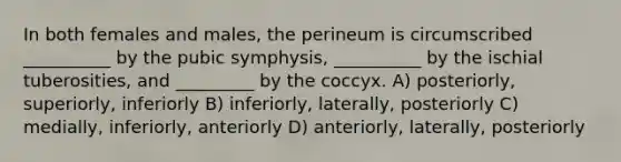 In both females and males, the perineum is circumscribed __________ by the pubic symphysis, __________ by the ischial tuberosities, and _________ by the coccyx. A) posteriorly, superiorly, inferiorly B) inferiorly, laterally, posteriorly C) medially, inferiorly, anteriorly D) anteriorly, laterally, posteriorly