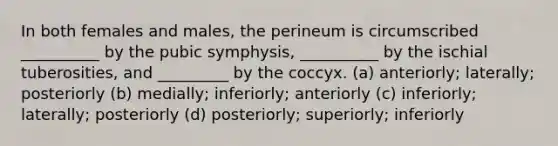 In both females and males, the perineum is circumscribed __________ by the pubic symphysis, __________ by the ischial tuberosities, and _________ by the coccyx. (a) anteriorly; laterally; posteriorly (b) medially; inferiorly; anteriorly (c) inferiorly; laterally; posteriorly (d) posteriorly; superiorly; inferiorly