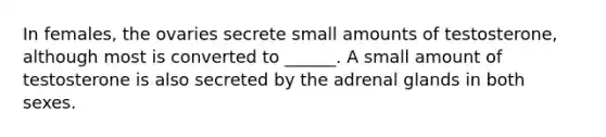 In females, the ovaries secrete small amounts of testosterone, although most is converted to ______. A small amount of testosterone is also secreted by the adrenal glands in both sexes.