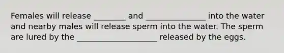 Females will release ________ and _______________ into the water and nearby males will release sperm into the water. The sperm are lured by the ____________________ released by the eggs.