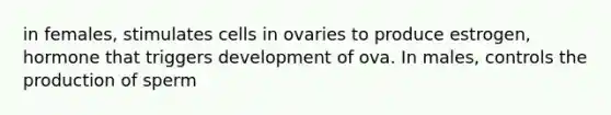 in females, stimulates cells in ovaries to produce estrogen, hormone that triggers development of ova. In males, controls the production of sperm