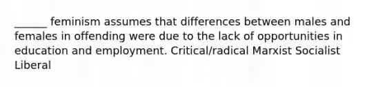 ______ feminism assumes that differences between males and females in offending were due to the lack of opportunities in education and employment. Critical/radical Marxist Socialist Liberal