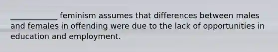 ____________ feminism assumes that differences between males and females in offending were due to the lack of opportunities in education and employment.