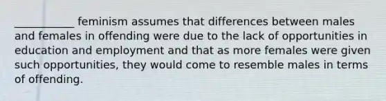 ___________ feminism assumes that differences between males and females in offending were due to the lack of opportunities in education and employment and that as more females were given such opportunities, they would come to resemble males in terms of offending.