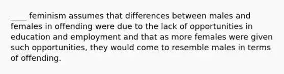 ____ feminism assumes that differences between males and females in offending were due to the lack of opportunities in education and employment and that as more females were given such opportunities, they would come to resemble males in terms of offending.