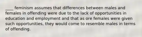 ____ feminism assumes that differences between males and females in offending were due to the lack of opportunities in education and employment and that as ore females were given such opportunities, they would come to resemble males in terms of offending.