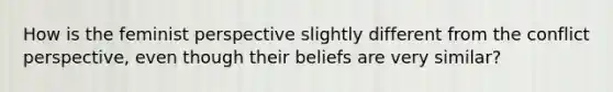 How is the feminist perspective slightly different from the conflict perspective, even though their beliefs are very similar?