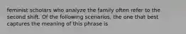 feminist scholars who analyze the family often refer to the second shift. Of the following scenarios, the one that best captures the meaning of this phrase is