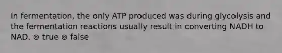 In fermentation, the only ATP produced was during glycolysis and the fermentation reactions usually result in converting NADH to NAD. ⊚ true ⊚ false